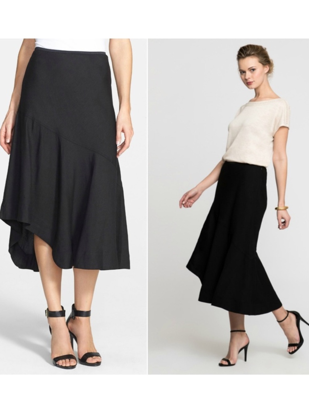 NIC + ZOE Linen Blend Fit & Flare Asymmetric Midi Skirt in Black Size 8